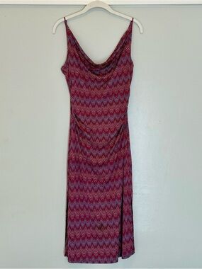 Y2K Guess Collection 100% Silk Chevron Cowl Neck Side Slit Dress M
